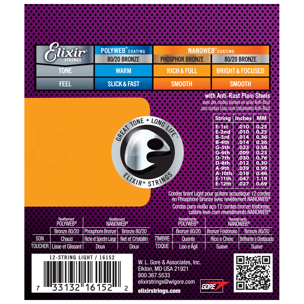 Elixir® Strings Phosphor Bronze 12-String Acoustic Guitar Strings w NANOWEB® Coating, Light (.010-.047 Elixir® Strings Phosphor Bronze 12-String Acoustic Guitar Strings w NANOWEB® Coating, Light (.010-.047