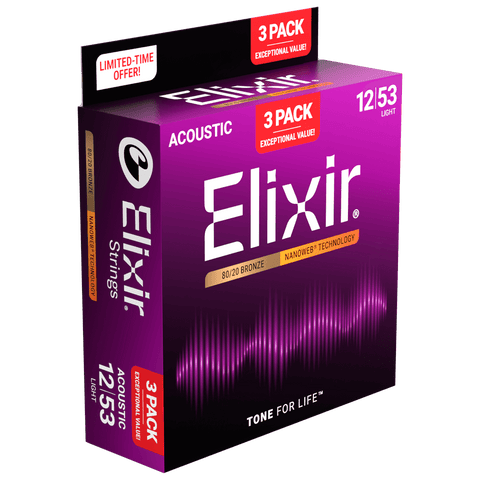 Elixir NANOWEB 3-Pack 80/20 Bronze Acoustic Strings - Light 12-53 16565 (11052)