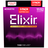 Elixir NANOWEB 3-Pack Phosphor Bronze Strings - Custom Light 11-52 16568 (16027)
