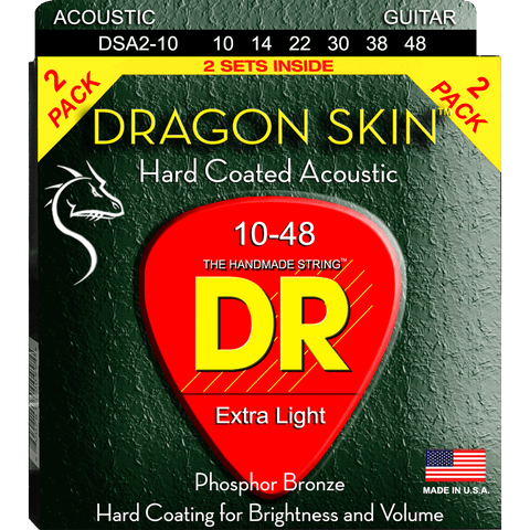 DR Strings DSA2-10 Dragon Skin Extra Light Coated Acoustic – 2-pack – 10-48