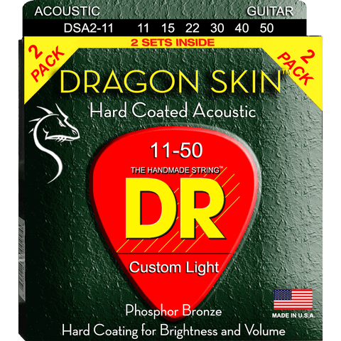 DR Strings DSA2-11 Dragon Skin Custom Light Coated Acoustic – 2-pack – 11-50