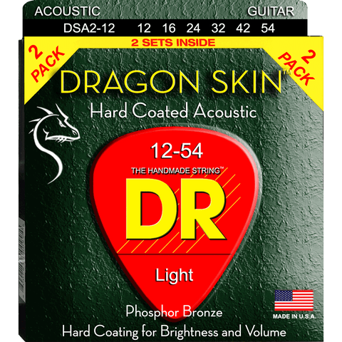 DR Strings DSA2-12 Dragon Skin Light Coated Acoustic Strings – 2-pack – 12-54