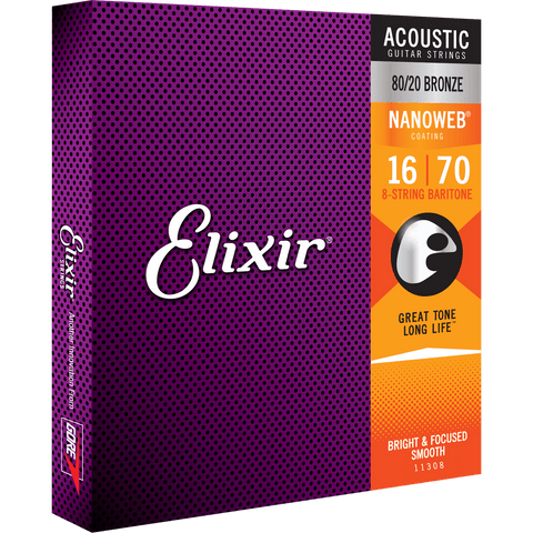 Elixir NANOWEB 80/20 Bronze Acoustic — 11308 8-String Baritone .016-.070